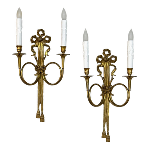 Pair Antique French Louis XVI Neoclassical Cast Brass Wall Sconces