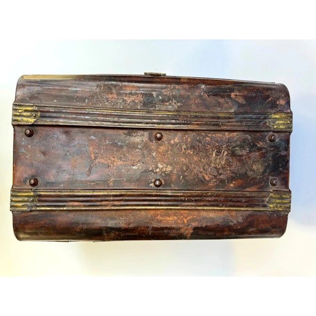 Metal Antique Faux Bois Steel Steamer Trunk Chest Painted Wood Grain Blue Interior 23” For Sale - Image 7 of 16