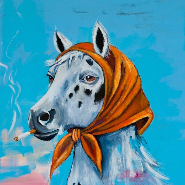 Light my Fire by Emily Orsich. Acrylic and Mixed Media on Canvas. 36x36". Contemporary painting depicting a horse smoking...