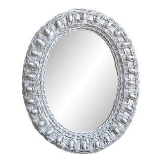 Vintage Boho White Wicker Mirror For Sale