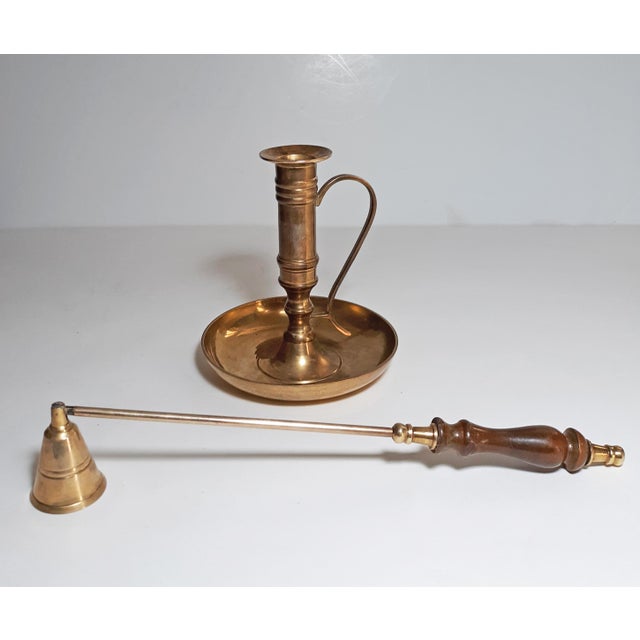 Vintage Brass Chamberstick Candle Holder and Brass & Wood Snuffer 2