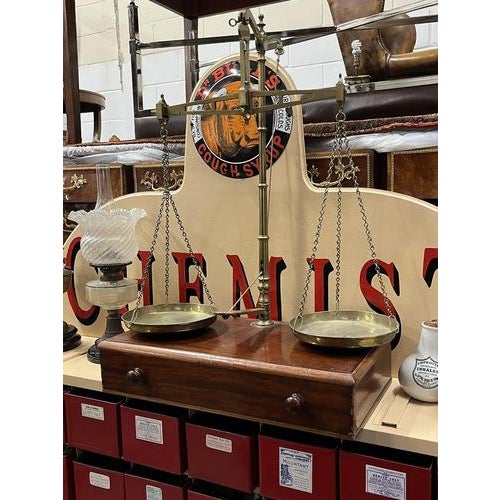 Large Chemist's Shop Scales in Brass on Mahogany Cabinet For Sale - Image 15 of 16