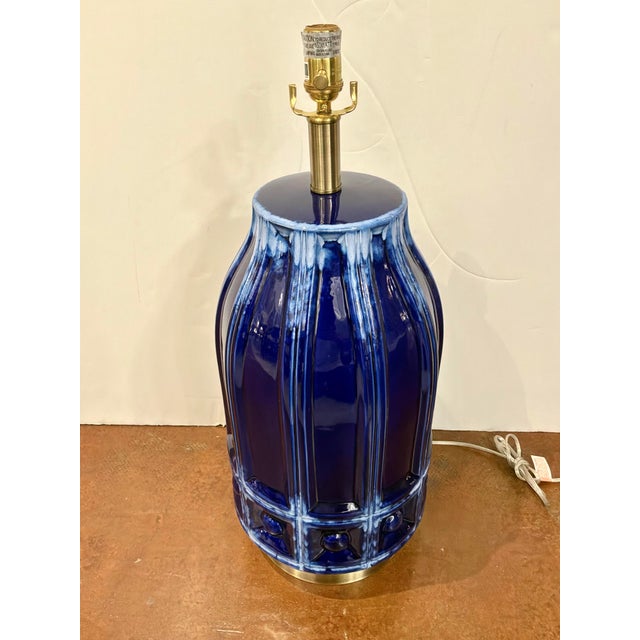 Mid-Century Modern Harp & Finial Large Mid-Century Style Lamp Blue Glaze. For Sale - Image 3 of 5