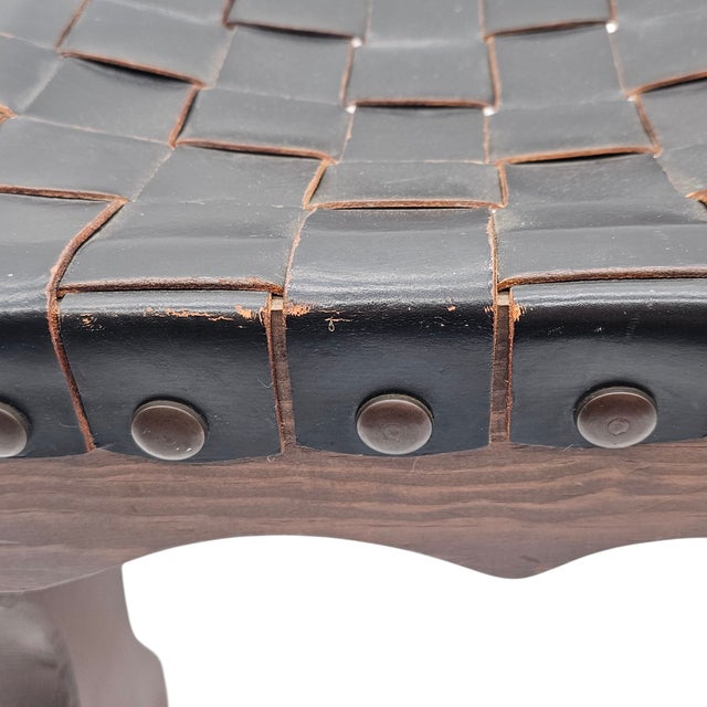 Wood Rustic Woven Leather Low Stool With Hand-Hammered Tack Detailing – Vintage Craftsmanship For Sale - Image 7 of 10