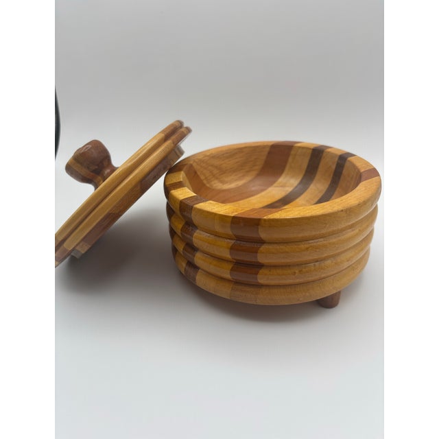 1996 Handcrafted Laminated Wood Lidded Bowl With Geometric Inlay For Sale - Image 10 of 11
