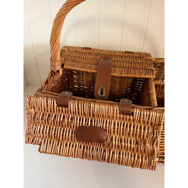 Brown Vintage Wicker Picnic Basket and Wine Carrier For Sale - Image 8 of 13