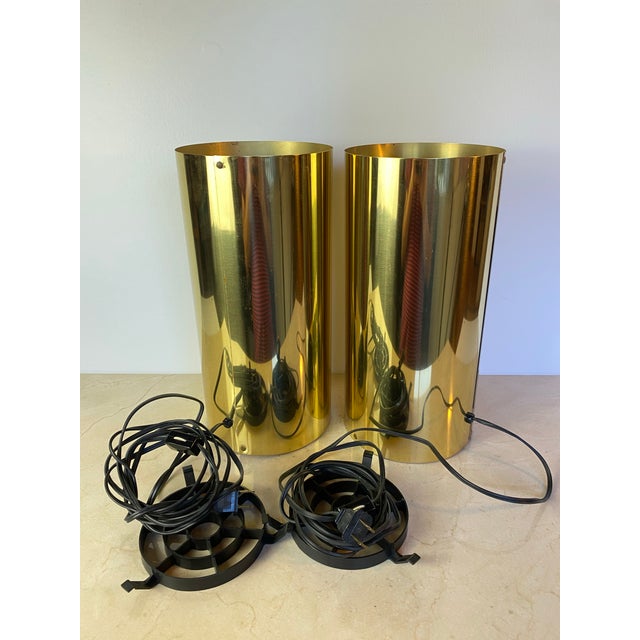 Pair of Vintage Brass Cylinder Table Lamps in the Style of Robert Sonneman, 1970s Modernist Uplights For Sale - Image 10 of 10