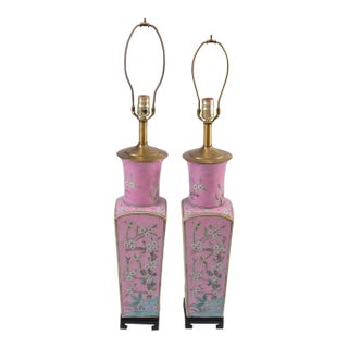 Pair of Vintage Pink Chinese Porcelain Floral & Bird Table Lamps, 28”h For Sale