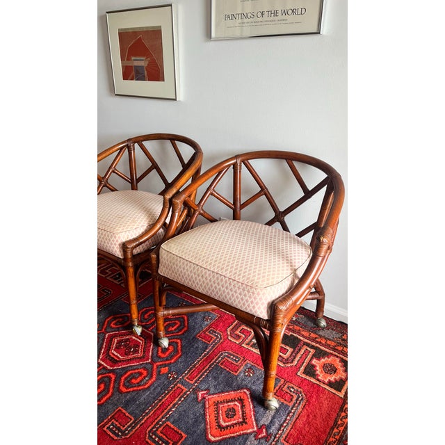 1960's Bamboo Chairs Tub Barrel Style on Casters Pink Cushions- A Pair For Sale In West Palm - Image 6 of 12
