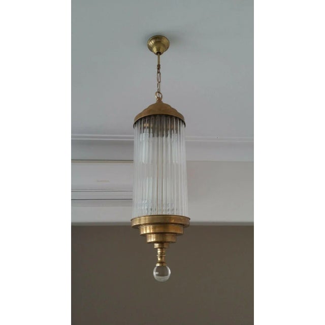 Vintage Art Deco Skyscraper Pendant Light in Brass & Glass For Sale - Image 4 of 4