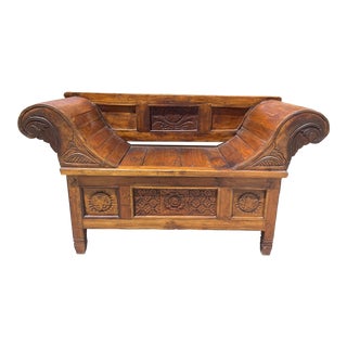 1960s Vintage Teak Indonesian Bench With Carved Panels and Sleigh Arms For Sale