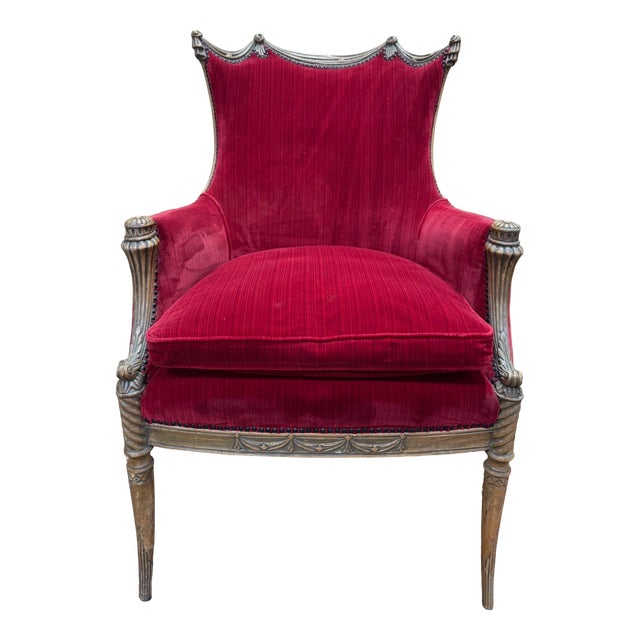 Art Nouveau Gondola-Style Bergère Chair in Carved Wood and Red Velvet, 1890s For Sale