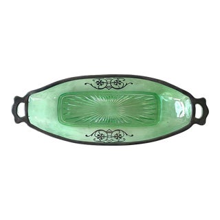 Antique Late 19th Century Art Nouveau Sterling Silver and Emerald Glass Dish For Sale