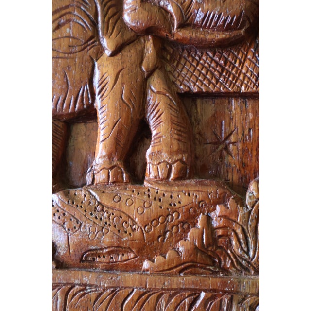 Vintage Southeast Asian Carved Teak Elephant & Temple Relief on Silk For Sale - Image 12 of 16