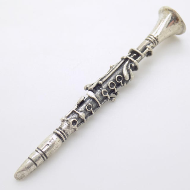 1970s Vintage Italian Handmade Genuine Sterling Silver 925 Clarinet Instrument Figurine Miniature For Sale - Image 5 of 9