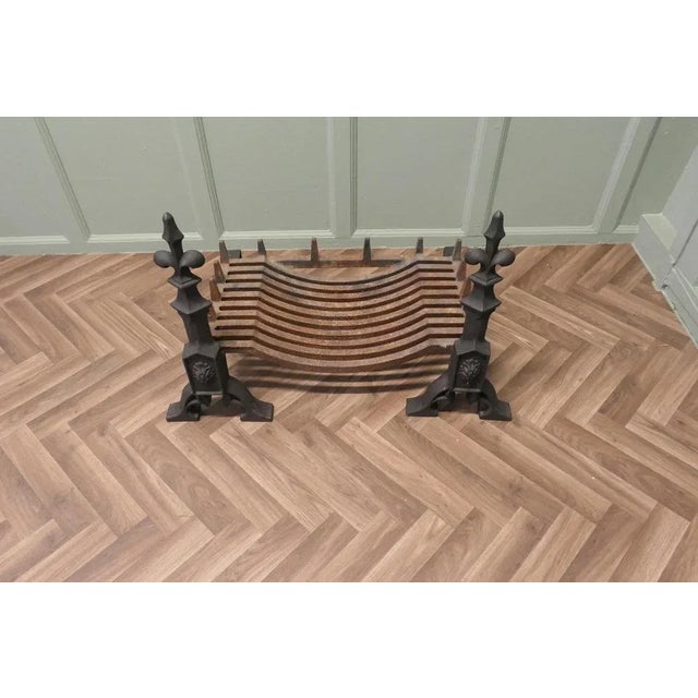 Large 19th Century Andirons with Grate These are heavy hand Forged Iron Andirons, they come with a curved log grate, the...