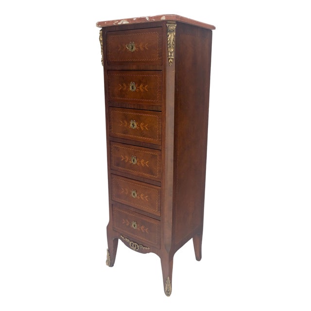 Rouge Marble Top 6 Drawers w/ Dovetails French Louis XV Lingerie Chest Dresser For Sale