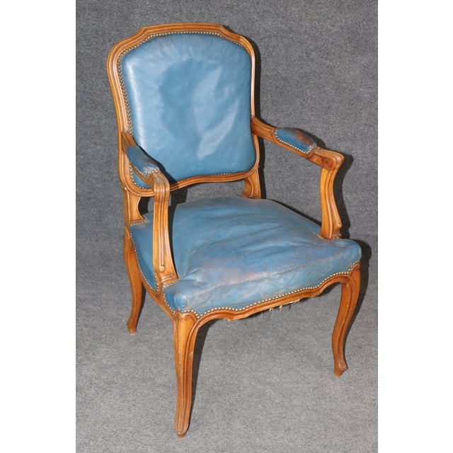 Cornflower Blue French Louis XV Style Walnut and Leather Set of 10 Dining Chairs C. 1940s For Sale - Image 8 of 14