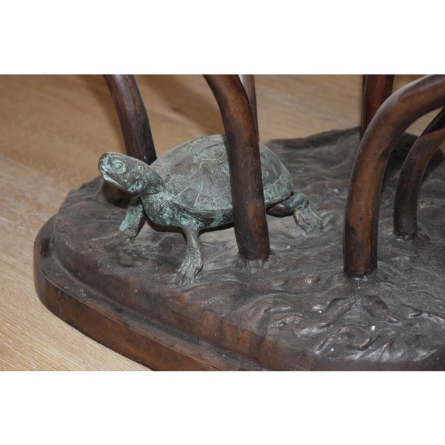 Labarge 1960s Bronze Lily Pad Turtle Statue Cocktail / Coffee W Table Glass Top For Sale - Image 4 of 10