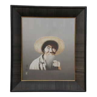 Japanese Mid-Century Embroidered Silk Old Wise Man Drinking Sake Portrait For Sale