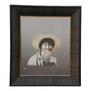 Japanese Mid-Century Embroidered Silk Old Wise Man Drinking Sake Portrait