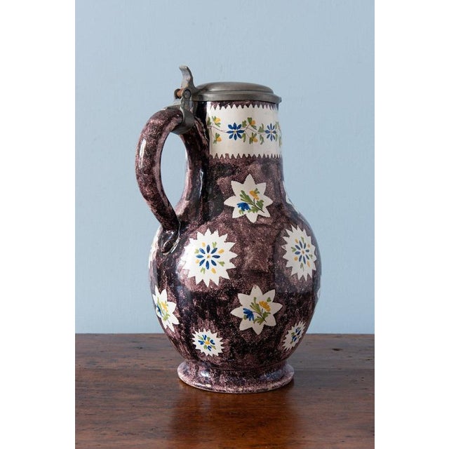 Manganese Floral Pewter Mounted Jug from Brussels Faience, 1700s For Sale - Image 5 of 11