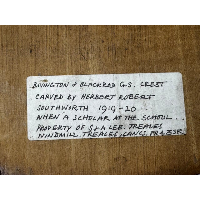 C1919 Hand-Carved Heraldic School Crest Plaque — Rivington & Blackrod Grammar School, Lancashire Wall Crest Sculpture For Sale - Image 12 of 18