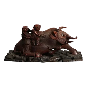 Antique Chinese Carved Wood Sculpture of Water Buffalo with Figures, Circa 1920