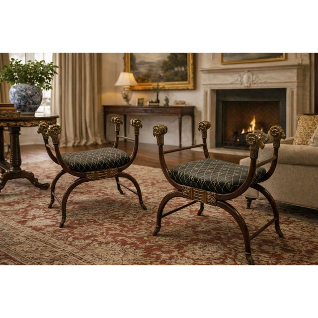 20th-C. Neo-Classical Style Ram Appointed Fruitwood & Gilt Benches / Ottomans -2 For Sale In Atlanta - Image 6 of 6