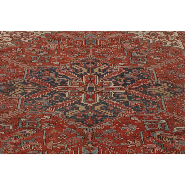 Textile Hand-Knotted Antique Persian Heriz Rug, Rust-Red, White, Blue Medallion Pattern For Sale - Image 7 of 9