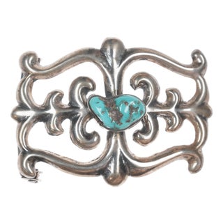 Vintage Native American Sandcast silver and turquoise belt buckle For Sale