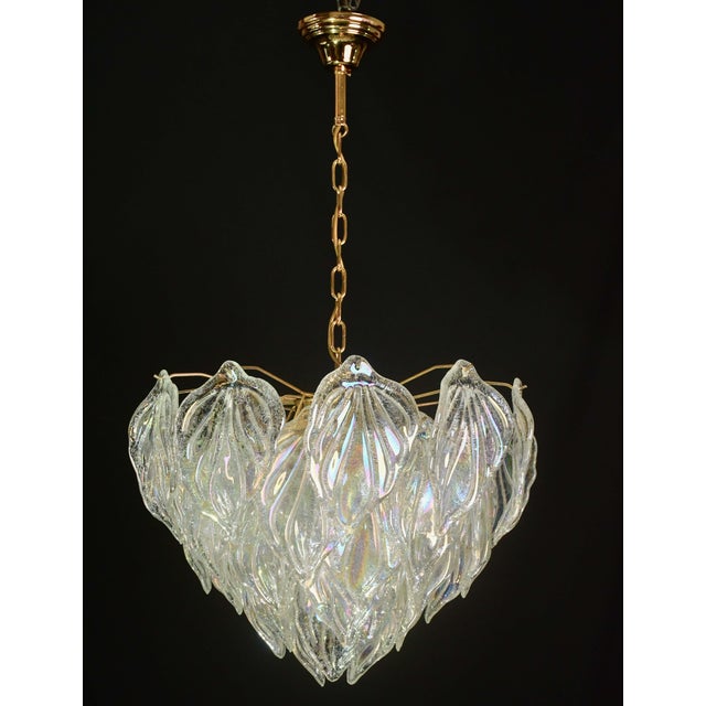 Stunning Murano glass chandelier with dozens of iridescent transparent glass grit leaves. This glass takes on the colours...