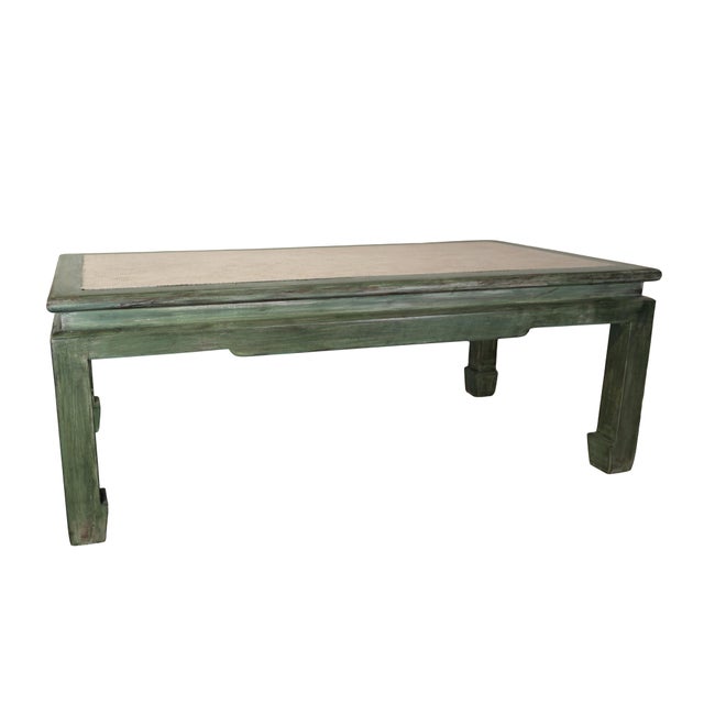 A Vintage Ming-Style Coffee Table With a Green and White Raffia Inlay. For Sale - Image 4 of 13