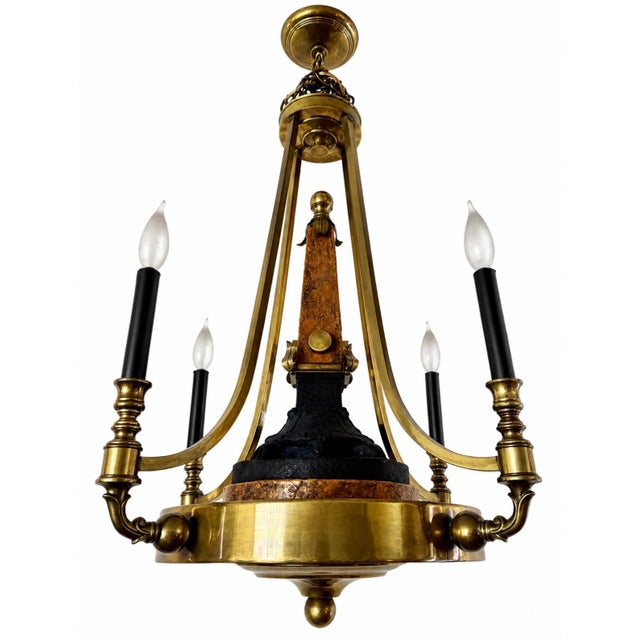 Neoclassical Neoclassical Style Brass Chandelier With Marbleized Obelisk & Turtle Sculpture For Sale - Image 3 of 7
