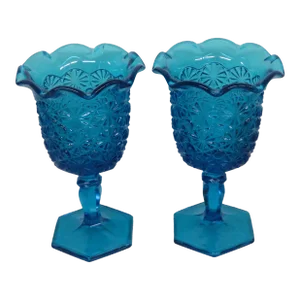 Pair Le Smith Glass Daisy Button Colonial Blue Crimped Compotes Cups Vases 4211b