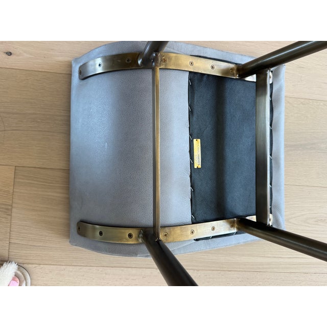 Metal Set of 3 Thomas Hayes Custom "Gachot" Stools in Grey Leather and Rubbed Brass For Sale - Image 7 of 11