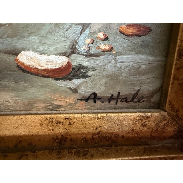 Late 20th Century Vintage Signed Rooster and Chickens Oil Painting Farmyard Hen Scene, Gold Frame For Sale - Image 5 of 12