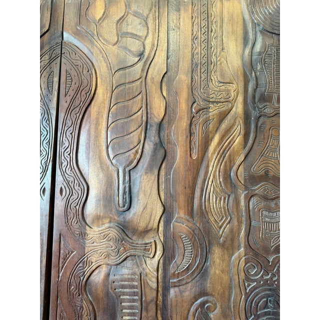 Wood Vintage Tribal Hand-Carved Barn Door | Brown Wooden Sliding Door Panel | Rustic Boho 80 For Sale - Image 7 of 8