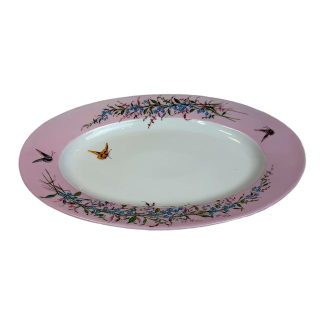 Art Nouveau Antique French Large Floral & Butterfly Pink Limoges Porcelain Oval Platter For Sale - Image 3 of 6