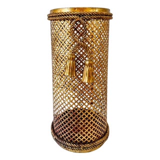 1950 Mid-Century Italian Gilt Metal Lattice & Rope Tassel Umbrella Stand, Attr. To Li Puma Firenze For Sale