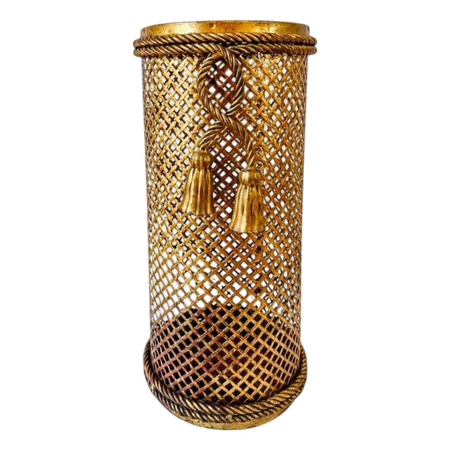 1950 Mid-Century Italian Gilt Metal Lattice & Rope Tassel Umbrella Stand, Attr. To Li Puma Firenze For Sale