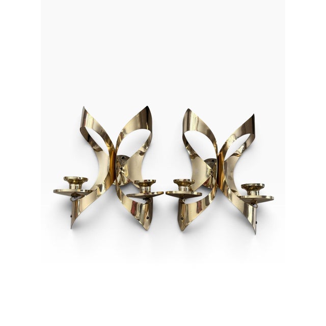 Mid-Century Modern Vintage Mascot Pat Pending Gold Tone Mid-Century Modern Wall Candle Sconces, Pair For Sale - Image 3 of 6