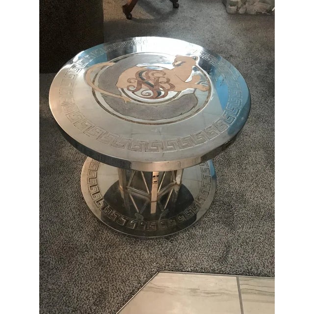 Nickeled Bronze Greek Key Design Inlaid Stone Modern Tables - a Pair For Sale - Image 4 of 13