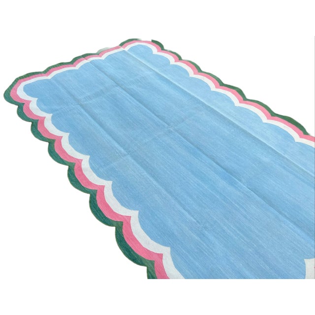 Textile Handmade Cotton Area Scalloped Rug Sky Blue, Cream, Pink and Forest Green Border Dhurrie - 10'x14' For Sale - Image 7 of 11