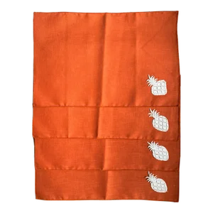 Vintage 1970s Coral Red Linen Placemats With White Pineapple Needlework Applique - Set of 4