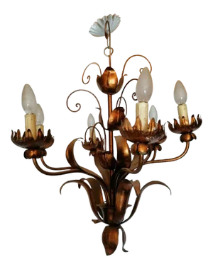 C1940's French Hollywood Regency Gilt Tole Flower Form Chandelier Attrib. Maison Jansen