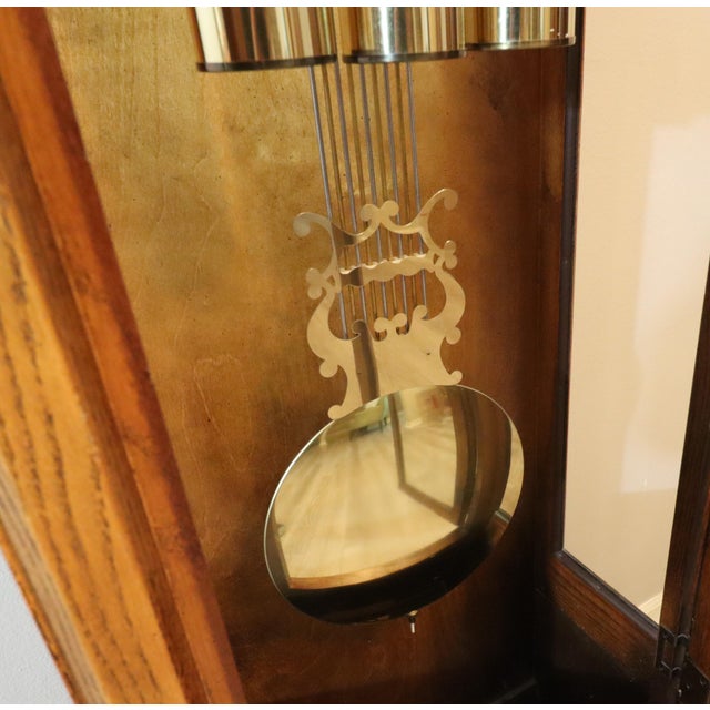 Brown Vintage Howard Miller “Beaumont” Triple-Chime Oak Grandfather Clock, Model 610-259, Circa 1985 For Sale - Image 8 of 17