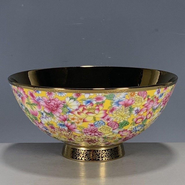 Chinese Yellow Ground Millefleur Porcelain Bowl With Gilt Interior For Sale In Los Angeles - Image 6 of 9