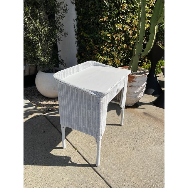 Late 20th Century Vintage White Wicker Writing Desk / Vanity Table With Drawer For Sale - Image 5 of 15