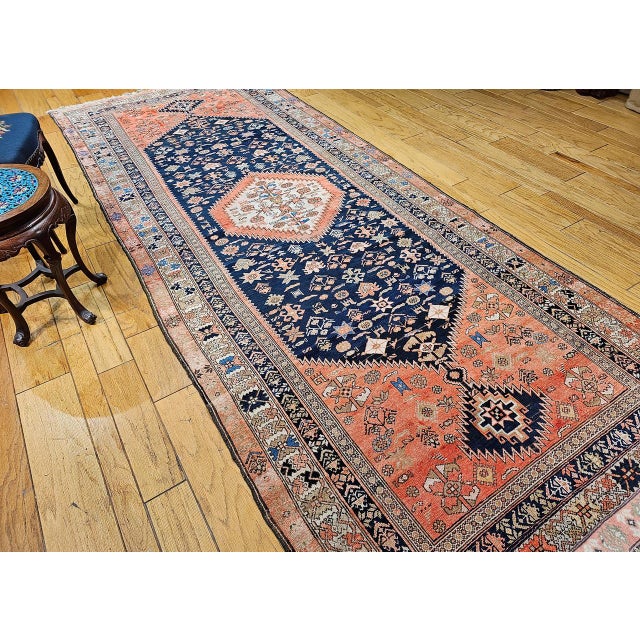Antique Persian Malayer Tribal Gallery Rug, Hand-Knotted Wool, Geometric Pattern, 5x13, Terracotta & Navy For Sale - Image 16 of 18